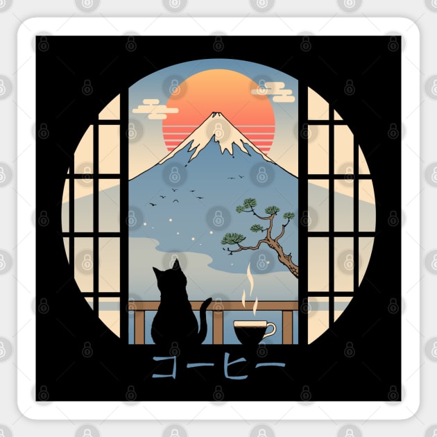 Coffee Cat in Mt. Fuji Sticker by Vincent Trinidad Art